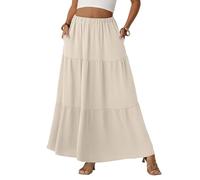 QIXING Damen Maxirock Sommer Boho Blumen Muster Hohe Taille Langer Fließender Rock mit Taschen Stufenrock Elastischer Taille(ArmeeGrün, XS)