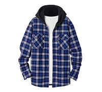 QIXING Herren Kariertes Flanellhemd Winter Hemd Warm Langarm Fleece Hoodie mit Knopfleiste Herren Holzfällerhemd mit Kapuze(Blau Weiß, XL)