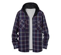 QIXING Herren Kariertes Flanellhemd Winter Hemd Warm Langarm Fleece Hoodie mit Knopfleiste Herren Holzfällerhemd mit Kapuze(Grau Rot, L)