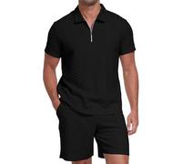 QIXING Herren Sommer Set 2 Teilig Kurzarm Poloshirt mit 1/4 Reißverschluss und Shorts, Herren Freizeitanzug Sommer Outfit, Kurzarm Shirt und Kurze Hose Set für Urlaub Strand Freizeit(Schwarz, XL)