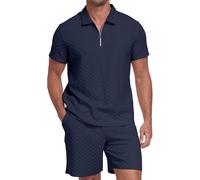 QIXING Herren Sommer Set 2 Teilig Kurzarm Poloshirt mit 1/4 Reißverschluss und Shorts, Herren Freizeitanzug Sommer Outfit, Kurzarm Shirt und Kurze Hose Set für Urlaub Strand Freizeit(Marineblau, XL)