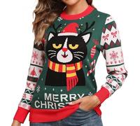 QIXING Weihnachtspullover Damen Rundhals Langarm Strickpullover Damen Christmas Pulli Sweater Lange Ärmel Pullover (Grün-Schwarze Katze & Frohe Weihnachten, XS)