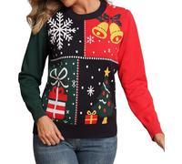 QIXING Weihnachtspullover Damen Rundhals Langarm Strickpullover Damen Christmas Pulli Sweater Lange Ärmel Pullover (Marineblau-Weihnachtsbaum & Glocke & Geschenk, XS)