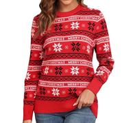 QIXING Weihnachtspullover Damen Rundhals Langarm Strickpullover Damen Christmas Pulli Sweater Lange Ärmel Pullover (Rot Schneeflocke, XS)