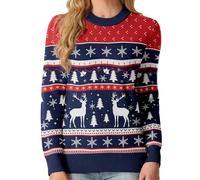 QIXING Weihnachtspullover Damen Rundhals Langarm Strickpullover Damen Christmas Pulli Sweater Lange Ärmel Pullover (Rot-Dunkelblaues Rentier & Weihnachtsbaum, XS)