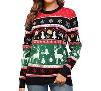 QIXING Weihnachtspullover Damen Rundhals Langarm Strickpullover Damen Christmas Pulli Sweater Lange Ärmel Pullover (Schwarz-Grünes Rentier & Weihnachtsbaum, XS)