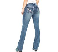 QJBMEI Damen Stoffhose Jeans Feder Blume Stickerei Mid Rise Stretchy Bootcut Slim Wide Leg Pants, hellblau, Groß