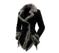 QJDFLL Retro-Wildledermantel für Damen mit Pelzkragen und -revers, Jacke im Bettlerstil (Black, XXXL)