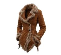 QJDFLL Retro-Wildledermantel für Damen mit Pelzkragen und -revers, Jacke im Bettlerstil (Brown, XXXL)