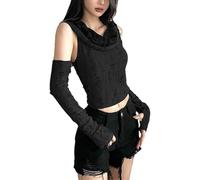 QJK Damen Kapuzen-Tops, schulterfrei, Gothic-Top, Schwarz, S