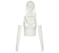 QJK Kapuzen-Tops, schulterfrei, Kapuzenshirt, enges Top, Damen, bauchfreies Top mit Ärmeln, Gothic-Top, figurbetontes Oberteil, Weiss/opulenter Garten, S
