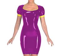 QJZM Frauen Splici Kleid Quadratischer Kragen Kurzarm Bodycon Sexy Kleid Elegante Kurze Mini Party Club Leder PVC Kleider,Rose Purple,XL