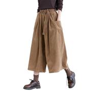 QKCQQTS Lockere, Kurze Culotte mit Taschen, lässige, Weite, Kurze Cordhose mit Gürtel für den Herbst, lässige Baggy-Hose mit Gürtel (Khaki,L)