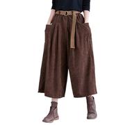 QKCQQTS Lockere, Kurze Culotte mit Taschen, lässige, Weite, Kurze Cordhose mit Gürtel für den Herbst, lässige Baggy-Hose mit Gürtel (Coffee,M)