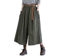 QKCQQTS Lockere, Kurze Culotte mit Taschen, lässige, Weite, Kurze Cordhose mit Gürtel für den Herbst, lässige Baggy-Hose mit Gürtel (Green,XL)