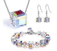 QKEPCY 3 Stück Crystal Schmuckset Frauen Cube österreichischen Kristall Halskette Baumeln Ohrringe Magische Farbwechsel Schmuck Set Hochzeit Party Geschenke Geschenk Hypoallergen Schmuck
