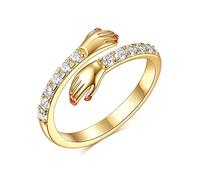 QKEPCY 925 Sterling Silber Umarmungsring Verstellbarer Paar Umarmungsring Kristall Ring Romantischer Love Hugging Hands Ring Silber Geben Sie Mir Eine Umarmung Hand Offene Ring (Gold)