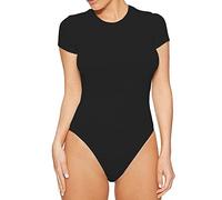 QKEPCY Body Damen Kurzarm Bodysuit Rundhals Slim Fit Bodys Elegant Basic Oberteil Shapewear Tanga Unterziehbody Kurzarmbody für Alltag Büro Party