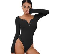 QKEPCY body damen Langarm Rundhals Bodysuit Tops Damenbody Elegant mit Knöpfen Gerippt Oberteil Bodies Unterziehbody und Verschluss im Schritt für Frauen (Schwarz, M)