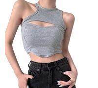 QKEPCY Crop Tank Top Damen Ärmellos Unterhemd Sexy Tank Top Rundhals Basic Slim Fit Shirts Elegant Oberteile Ribbed Knit Cami Top Sexy Sommer Shirts Oberteile (Grau)