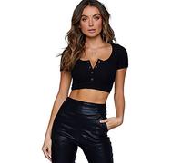 QKEPCY Damen Basic Kurze Ärmel Crop Tops Rundhals Sexy Oberteil mit Knöpfen Gerippt T-Shirt Y2K Bauchfreies Cropshirt (l, Schwarz)