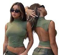 QKEPCY Damen Crop Tank Top Rückenfreies Sexy Oberteil Ärmelloses Y2K T-Shirt Hoher Kragen Sommer Crop Top Backless Streetwear Shirt (XL, Grün)