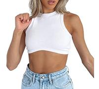 QKEPCY Damen Crop Tank Tops Ärmelloses Bauchfreies Oberteil Rib Top Leibchen Rundhals Sport Cropped T-Shirt Y2k Sommer Streetwear, L Weiß