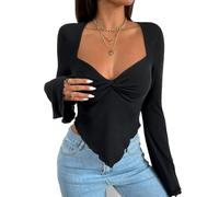 QKEPCY Damen Langarmshirt V Ausschnitt Oberteil Mit Twist Wrap Top Asymmetrischer Saum Slim Fit Langarm Crop Top mit Glockenärmeln Trendy Casual Longshirt Bluse Streetwear(XL)