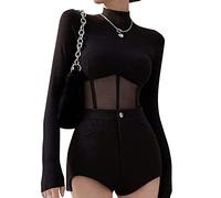 QKEPCY Damen Mesh Langarmshirt Sexy Top Shirts Langarm Slim Fit Cropped Tee Cut Out Oberteile T-Shirt Teenage Mädchen Rundhals Bluse Streetwear Fit Einfarbig Patchwork Skelett Blusentops (M)