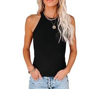 QKEPCY Damen Neckholder Ärmellose Tank Tops Racerback Rundhals Basic Slim Fit Shirts Elegant Oberteile Ribbed Knit Cami Top Sexy Elegant Neckholder Shirt (Schwarz XL)
