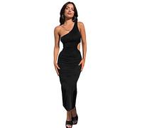 QKEPCY Damen Rückenfreies Kleid Solid Sexy Geraffte Club Party Figurbetonte Lang Schulterfreies Kleid Ärmellos Sommerkleid Schulterfrei Rückenfrei (S)