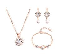 QKEPCY Damen Schmuckset Blütenform Halskette Armband Ohrringe Schmuck Set Rotgold Eingelegter Kristall Längen-verstellbar Schmuckset Ldeales Frauengeschenk Braut- und Brautjungfernzubehör