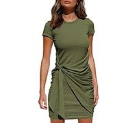 QKEPCY Damen Sommerkleider Rundhalsausschnitt Kurzarm Eng anliegendes Wickelkleid Kurzarm Urban Classics Plissee Einfarbig Elegant Bodycon Kleid (Armeegrün XL)