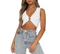 QKEPCY Damen Tank Top Sommer Ärmellose Top Damen V-Ausschnitt Sexy Ärmellose Tshirts Crop Tops mit Metallring Cut Out Shirts Streetwear(Weiß S)