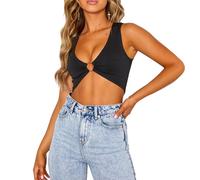 QKEPCY Damen Tank Top Sommer Ärmellose Top Damen V-Ausschnitt Sexy Ärmellose Tshirts Crop Tops mit Metallring Cut Out Shirts Streetwear(Schwarz S)
