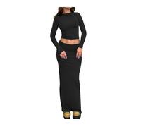 QKEPCY Damen Zweiteiler Crop Top Rock 2 Teiler Outfit Sweater Midikleid Pullikleid Gestrickt Kleid Set(M)