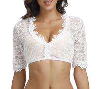 QKEPCY Dirndlbluse Damen Spitze Weiß V Ausschnitt Kurzarm Sexy Trachtenbluse Dirndl Bluse Oktoberfest Kostüm Teil Transparent Elegante & Exklusive Damen Tracht Bluse Spitzenbluse (Weiß M)