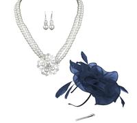 QKEPCY Fascinator Haarschmuck Set Blume Kopfschmuck Perlen Halskette Ohrringe Haarnadel Elegant Hochzeit Schmuckset Damen