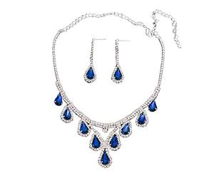 QKEPCY Hochzeit Braut Schmuckset für Damen, Tropfen Kristall Halskette und Ohrringe Set Strass Silber Schmuck Set für Hochzeit Verlobung Braut Brautjungfer Party Geschenke für Frauen (Blau)