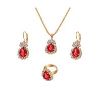 QKEPCY Hochzeit Schmuckset für Damen, Kristall Halskette Ohrringe und Ringe Set, Tropfen Schmuck Set für Braut Verlobung Brautjungfer Party Geschenke für Frauen (Rot)