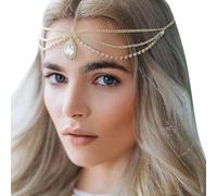QKEPCY Kopfschmuck Damen Mädchen Gold Kopf Kette Boho Mittelalter Stirnband Vintage Strass Kristall Quaste Haarschmuck für Braut Hochzeit Haarkette Schmuck