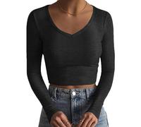 QKEPCY Langarmshirt Damen Basic T-Shirt Langarm Crop Top Y2K Slim Fit Oberteile Casual Rundhals Tee Shirt Athletisches Top Teenager Streetwear(S)