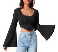 QKEPCY Langarmshirt Slim Fit Damen Y2K Ausgestellte Ärmel Oberteile Langarm Shirts Rundhals Crop Tops Casual Athletisches Top Teenager Streetwear(S)