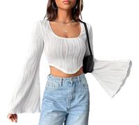 QKEPCY Langarmshirt Slim Fit Damen Y6K Ausgestellte Ärmel Oberteile Langarm Shirts Rundhals Crop Tops Casual Athletisches Top Teenager Streetwear(S)