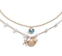 QKEPCY Muschel Anhänger Halskette Mehrschichtig Damen Schmuck Perlenkette Meeresschmuck Seestern Muschelkette Maritim Schmuckset Goldkette Sommerschmuck (Blau)