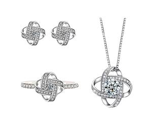 QKEPCY QKEPCYKnoten Zirkonia Schmuckset Damen Halskette Ohrringe Ring Elegante Kristall Schmuck Klassische Ewigkeitsknoten Juwelenkollektion