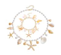 QKEPCY Schmuckset für Damen Böhmen Perlen Muschel Halskette Armband Strand Ozean Meer Sommer Schmuck