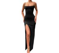 QKEPCY Sexy Kleid Damen Partykleid Damen Bodycon Kleid Spaghettiträger Midikleid Asymmetrisch Figurbetontes Ärmelloses Kleid Enger Sommerkleid Partykleid mit Schlitz (Schwarz L)