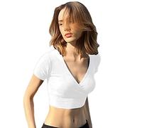 QKEPCY Tank Top Damen Vausschnitt Kurzarm Crop Tops Sommer Basic Tops Ärmellos Trägertop Elegant Shirt Oberteile Wickeloptik Sportshirt Achselshirts Trägershirt