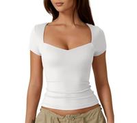 QKEPCY Tops Damen Herzförmiger Ausschnitt in schmaler Passform Halbarm-T-Shirt Crop Tank Top Sexy Baufreie Oberteile Leicht Fitness Sport Tops Slim Fit Shirts (Weiß/L)